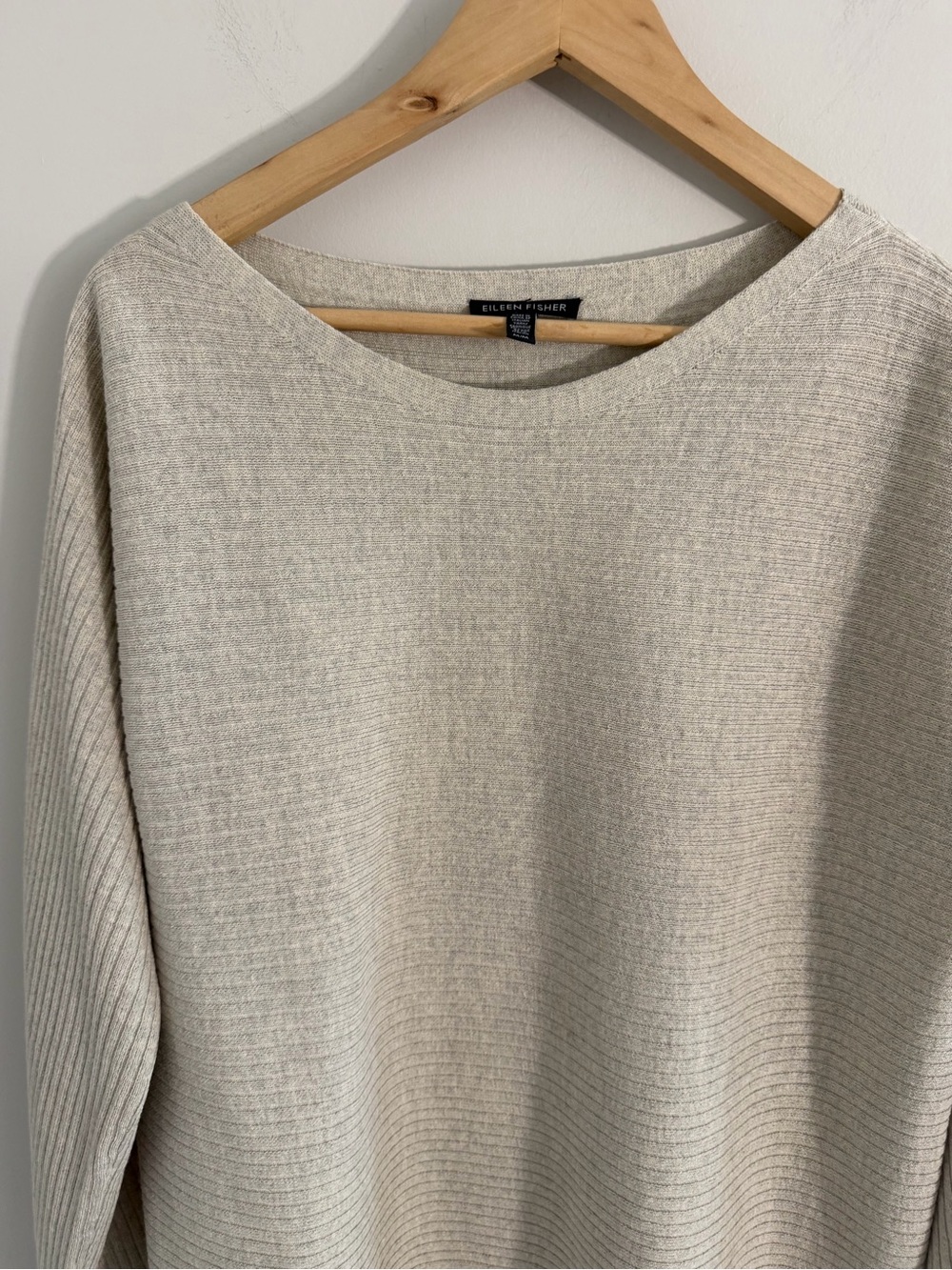 Eileen Fisher 100% Wool Seeater Womens M Beige Dolman Ribbed Pullover Minimalist - Picture 9 of 9